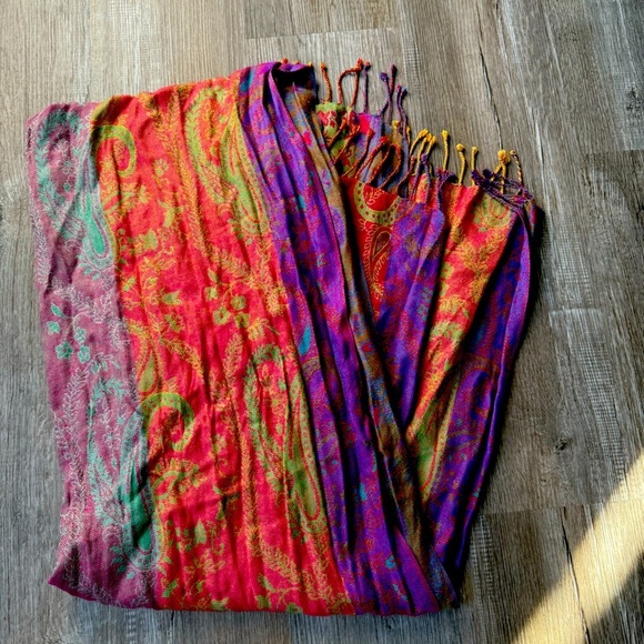 Vintage Accessories - VTG Neck Scarf Made In India Boho Hippie Multi Color Pink Purple Green Fringe
